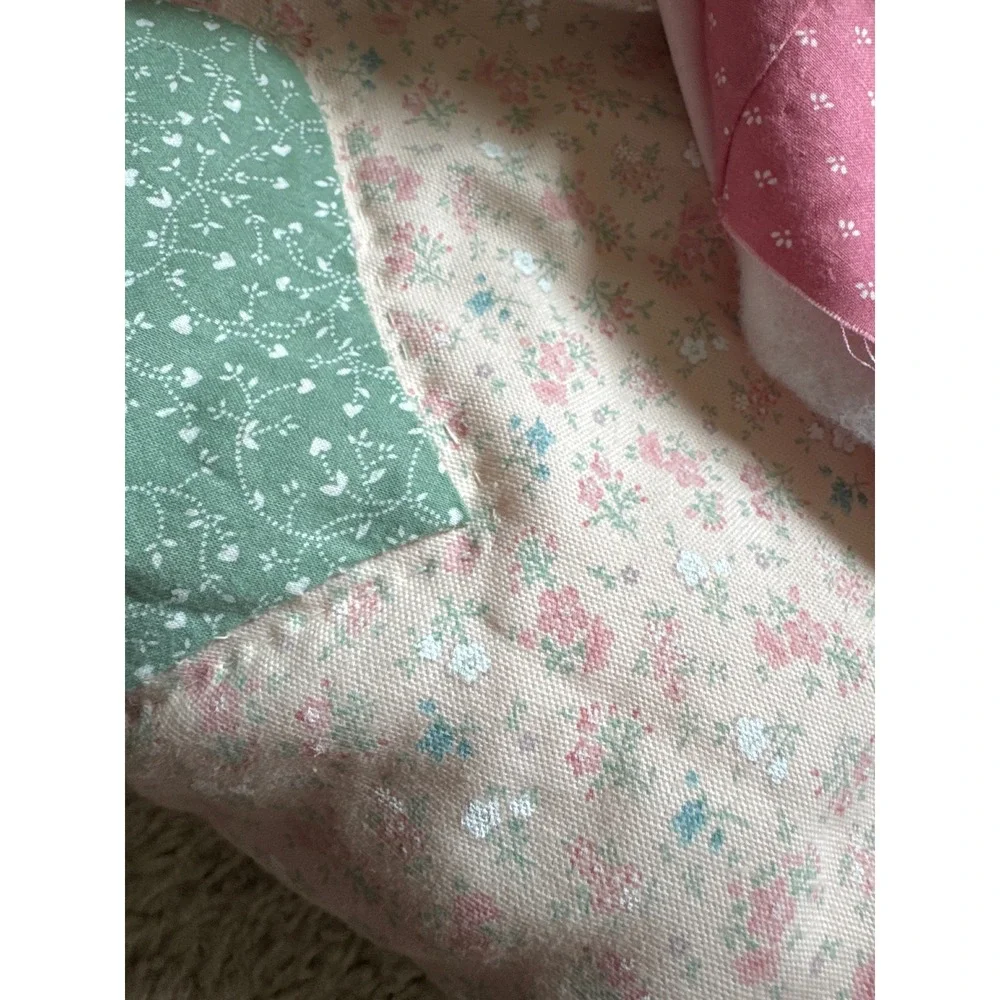 Handmade Heart Patchwork Quilt Sage Green Pink Floral 96x76.5 Unfinished